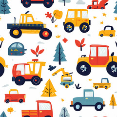 Naklejka premium Colorful pattern featuring various playful vehicles and nature elements.