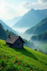 Fototapeta premium Misty morning light reveals a charming wooden haystack nestled within the emerald green valleys of the mountains, forest, landscape, fog