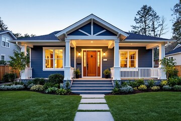 Beautiful suburban house with blue siding and warm lighting at dusk.