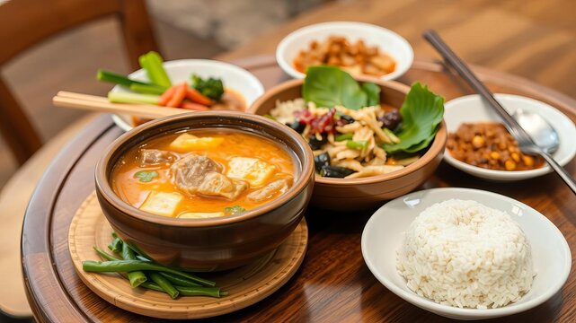 Traditional khantoke dinner set with various Thai dishes on a round table, popular, cuisine, dinner
