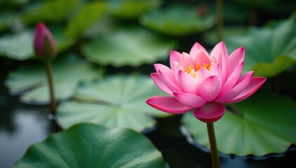 Water lily pond with pink lotus flowers blooming, floral, nature