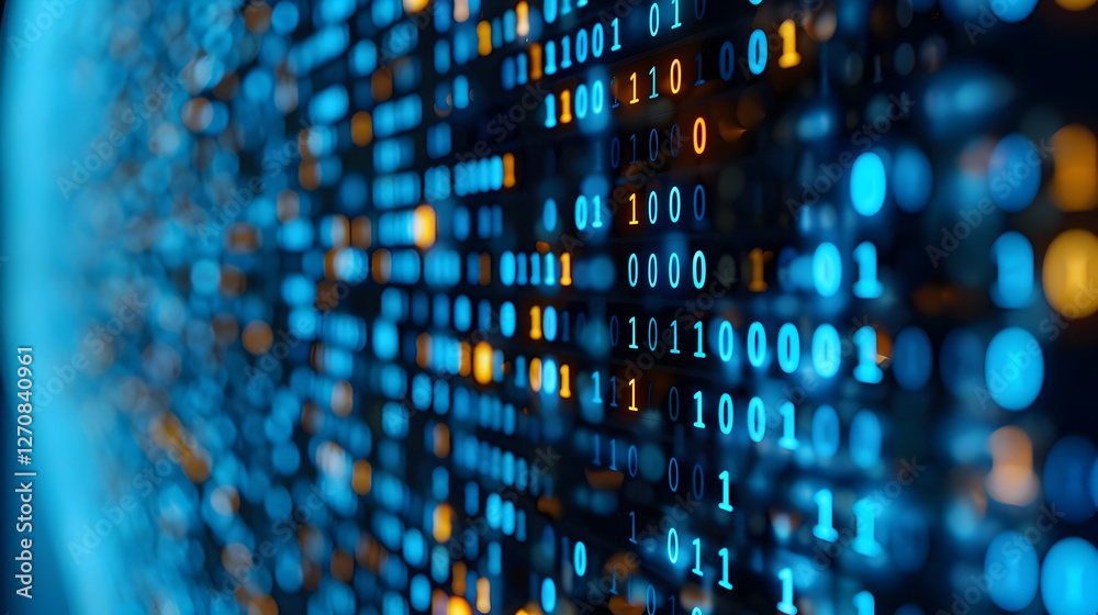 Poster abstract digital background with binary code, glowing elements, and futuristic technology theme