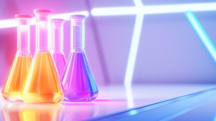 Colorful laboratory flasks with vibrant liquids, illuminated by neon light in a modern setting