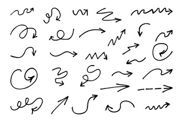 Set of hand drawn arrows. Collection of curved arrow sketches. Curl arrow signs.
