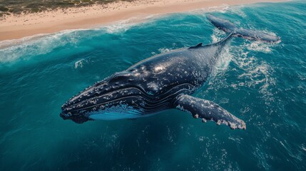 Fototapeta premium Dark-colored whale swimming in clear water near a sandy beach at midday