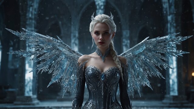 A frozen vampire queen with ice-crystal wings, standing within a frost-covered palace.