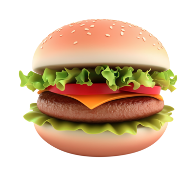 3d hamburger, cute cartoon sytle. Pastel colors using pink, blue and yellow. Isolated on transparent background.