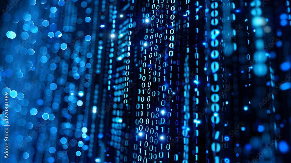 Poster abstract representation of digital binary code cascading in a futuristic blue environment