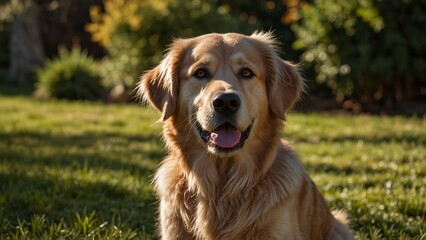 A golden retriever with warm, gentle eyes, sitting in a sunlit garden.