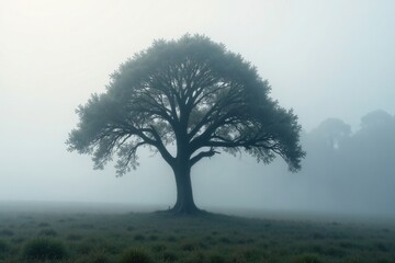 Obraz premium Muted grey mist swirls around a lone tree branch, mist, foliage
