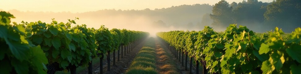 Naklejka premium Rows of vines in the foggy morning light with some grapes still ripe on the vines, fogs, tall trees