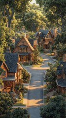 Obraz premium Charming Houses Line a Winding Road in a Lush Green Setting