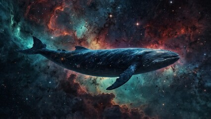 Fototapeta premium A celestial whale swimming through a nebula, its body shimmering with stardust.