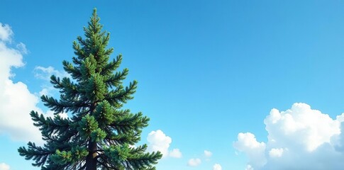 A towering fir tree against a bright blue winter sky with fluffy white clouds, conifer, tree, firs
