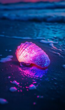 Neon luminescence seashell beach, ethereal oceanic glow, futuristic marine treasure seascape