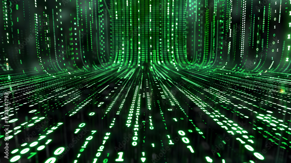 Poster futuristic digital landscape with flowing green binary code, creating a sense of depth and motion