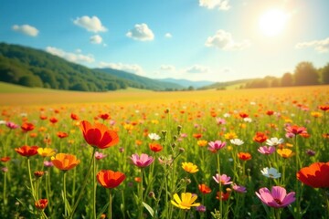 Fototapeta premium Glowing wildflower fields swaying in the breeze under sunlight filter, wildflowers, blooming flowers, field of dreams