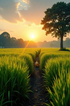 Sawah di pagi hari dengan sinar matahari yang cerah, sawah, benar, matahari