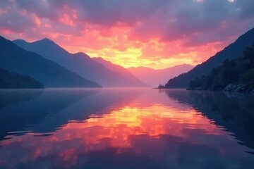 Fototapeta premium Water surface calm at dusk with reflected sky colors, morning to night transition, misty mountains, sunset hues