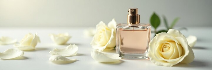 White rose petals scattered around a clear glass bottle, perfume bottle,