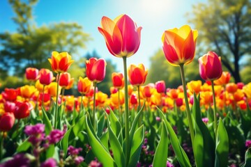Obraz premium Vibrant tulips blooming in a sunlit garden.