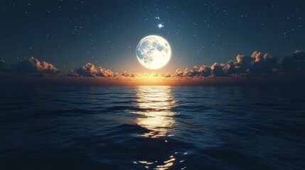 3D night and the moon is on the ocean the star is on the sky