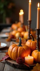 Autumnal centerpieces with pumpkins and candles, soft focus, inviting ambiance, natural elements