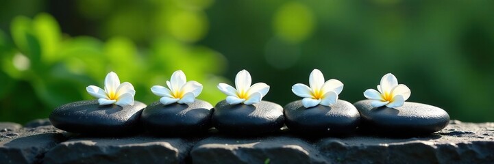 Dark black stone base with five white flowers and leaves, stone, greenery, nature