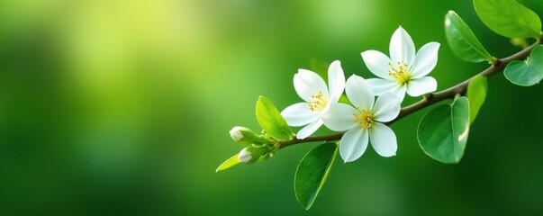 Exquisite white blooms scattered across a lush green branch with pearls, lush, peaceful