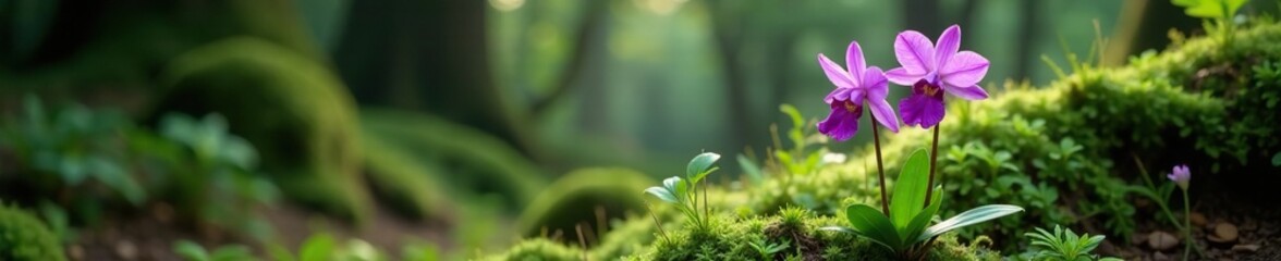 Exotic purple orchid blooms on a mossy forest floor, forest, moss, plants