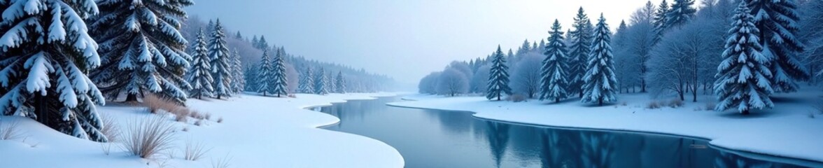 Fototapeta premium Icy forest landscape with snow-covered trees and a frozen river, cold, serene
