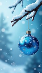 Icy blue ornaments suspended from snow-covered branch, Christmas, snowy, icy
