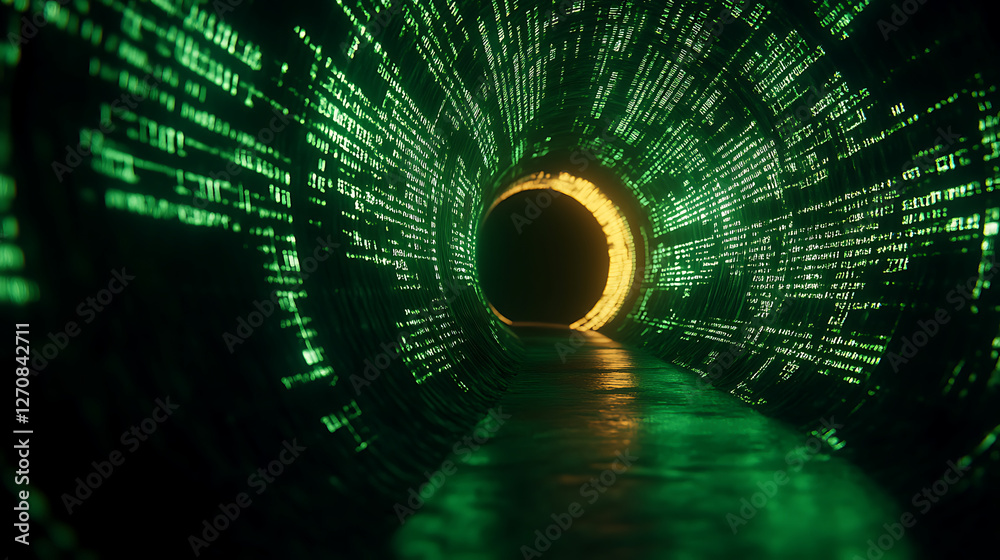 Aufkleber technological tunnel vision with glowing script in abstract digital code environment scene