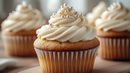 Colorful cupcakes with creamy frosting and decorative pearls arranged on a neutral background