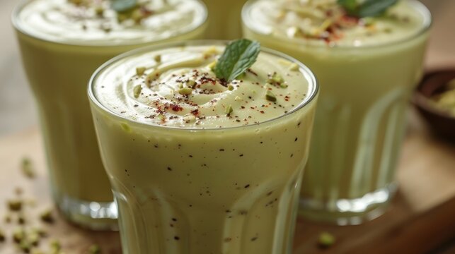 Refreshing Bhang Lassi is served in tall glasses, garnished with mint and nuts, perfect for a vibrant gathering or warm afternoon. holi drink.