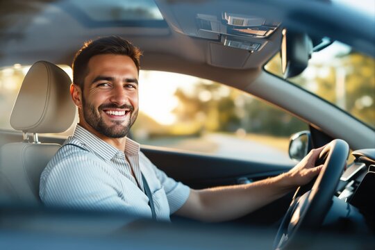 Smiling man driving a car in warm sunlight.