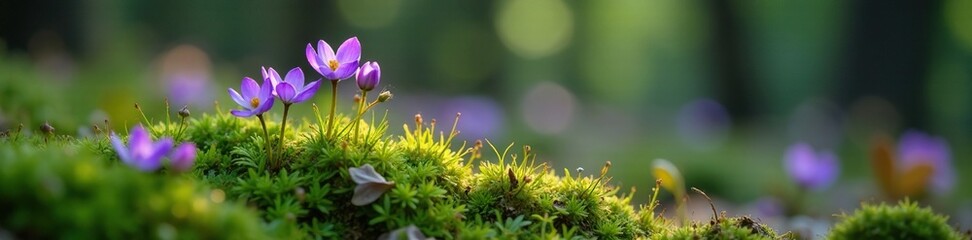 Fototapeta premium Dainty violet blooms among mossy forest floor, blossom, forest