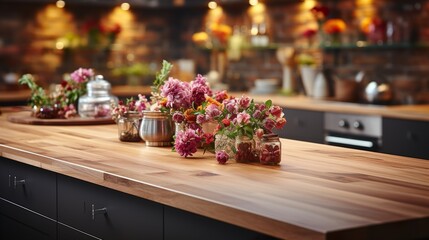 Empty beautiful wood table top counter and blur bokeh modern kitchen interior background  HD 8K wallpaper Photographic Image