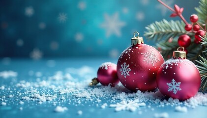 Fototapeta premium Ornaments of festive red and pink hues with snowflakes on a icy blue background, decoration, gift, present