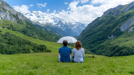 Couple sitting on grassy mountain, snowy peaks background, relaxing view, travel photo