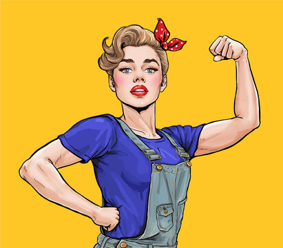We Can Do It. Girl power advertising poster. Pop art woman showing her biceps in comic style. Social equality and female rights affiche.