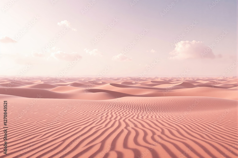 Aufkleber a serene desert landscape with soft pink sand dunes and scattered clouds under a bright sky.