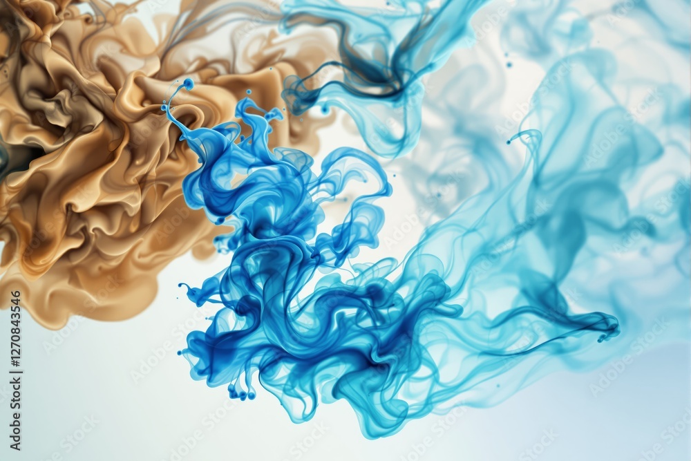 Poster abstract composition of brown and blue ink swirls in water on a soft white background.