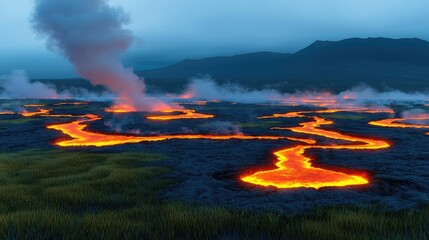 Volcanic landscapes concept. Lava flows through a volcanic landscape, showcasing nature's raw power and beauty.
