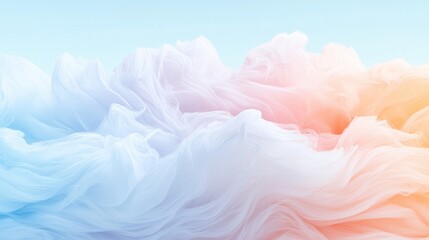 Fototapeta premium Abstract flowing pastel fabric waves resembling soft colorful clouds in a bright sky.