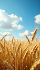 Fototapeta premium Wheat stalks stretching towards the sky with clouds, wheat, clouds