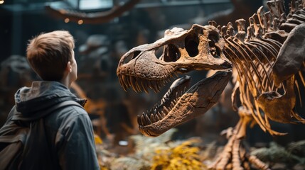 A man explore ancient creature skeleton at museum. dinosaur skull, fossilized bones, carnivore teeth