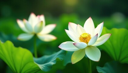 White lotus lily blooms sway gently in the summer breeze, garden, natural