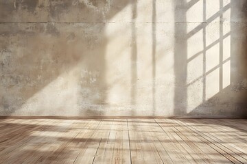 Sunlit Empty Room, Wooden Floor, Concrete Wall,  Studio Mockup