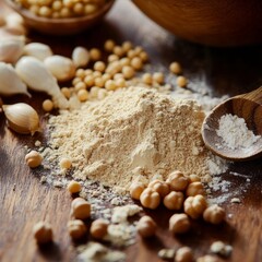 Fototapeta premium chickpea flour accompanied by other baking ingredients under soft natural light